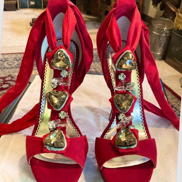 NEW IN BOX Bebe Platform JEWELS ! Ribbons Shoes w Stiletto Heels 8.5 RED LEATHER - Picture 2 of 9